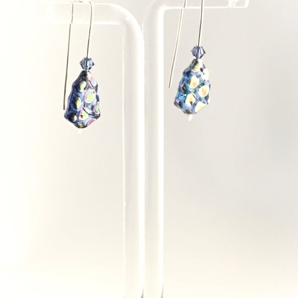 Xmas Tree Earrings In Blue Dichroic Glass With Hand Forged 925 Silver Wires
