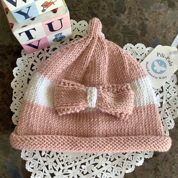 Hand Knitted Cashmere Blend Baby Beanie 0-6 Months