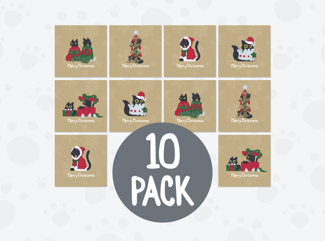 10 Pack of Gold Cat Christmas Cards – Pickle and Nancy Festive Set of 10 Designs