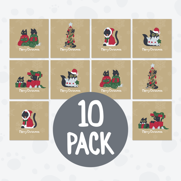 10 Pack of Gold Cat Christmas Cards – Pickle and Nancy Festive Set of 10 Designs