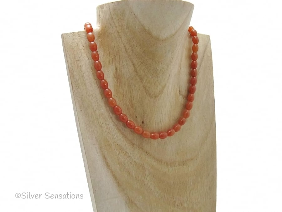 Dark Orange Red Aventurine Oval Rice Beads Unisex Necklace
