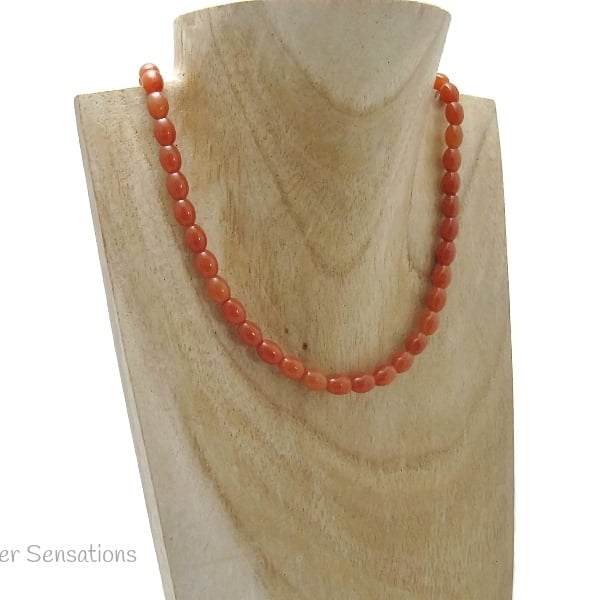 Dark Orange Red Aventurine Oval Rice Beads Unisex Necklace