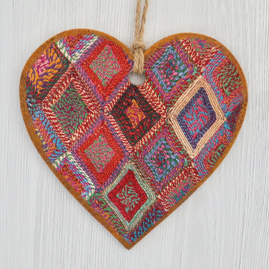 Decoupaged Wooden Hanging Heart: Woven Diamond design 6” (15cm)