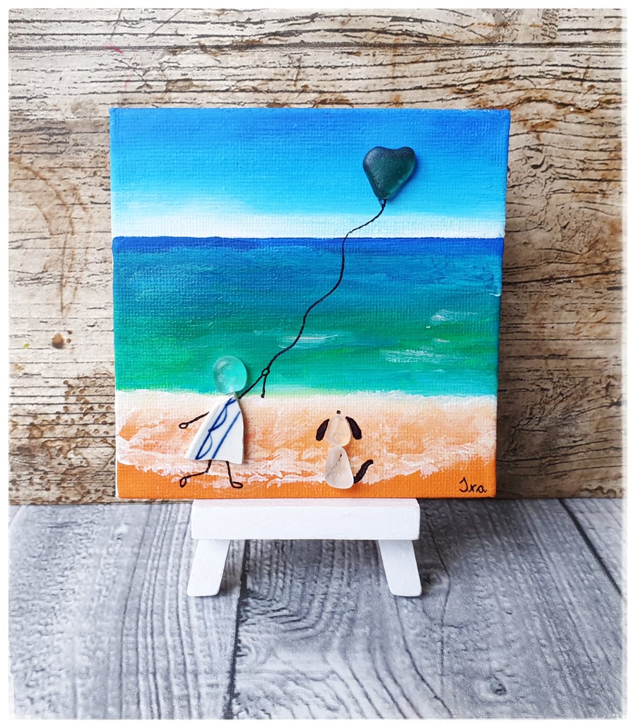 Seaglass and seapottery coastal canvas art "SEASIDE ADVENTURE" 