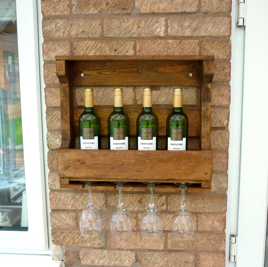 Rustic Wooden Wine Rack & Shelf - Medium Oak Stain