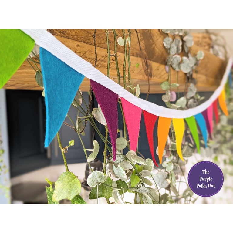 rainbow mini bunting handmade from wool blend felt in 7 bright rainbow colours
