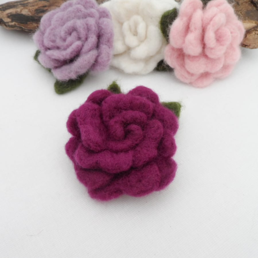 Needle felted rose corsage (damson)