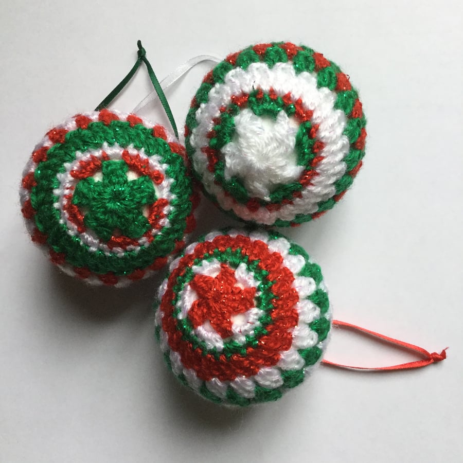 Crochet Christmas Baubles Set of 3 in Red White and Green