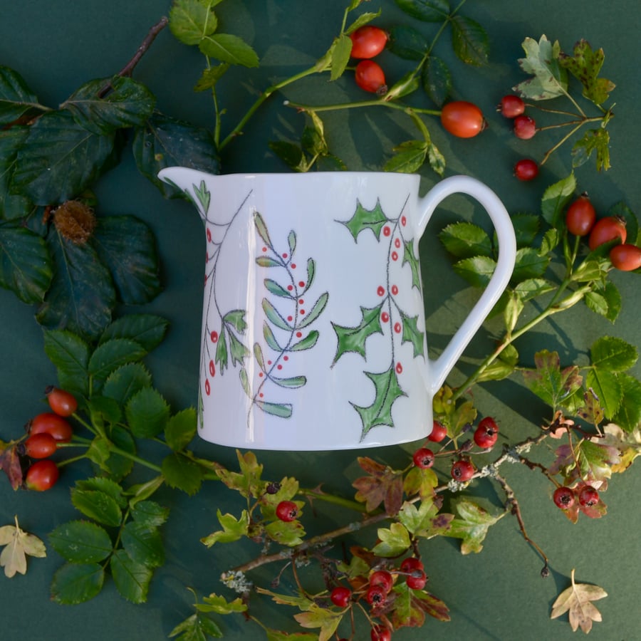 Winter Berries Milk Jug - Hand Painted