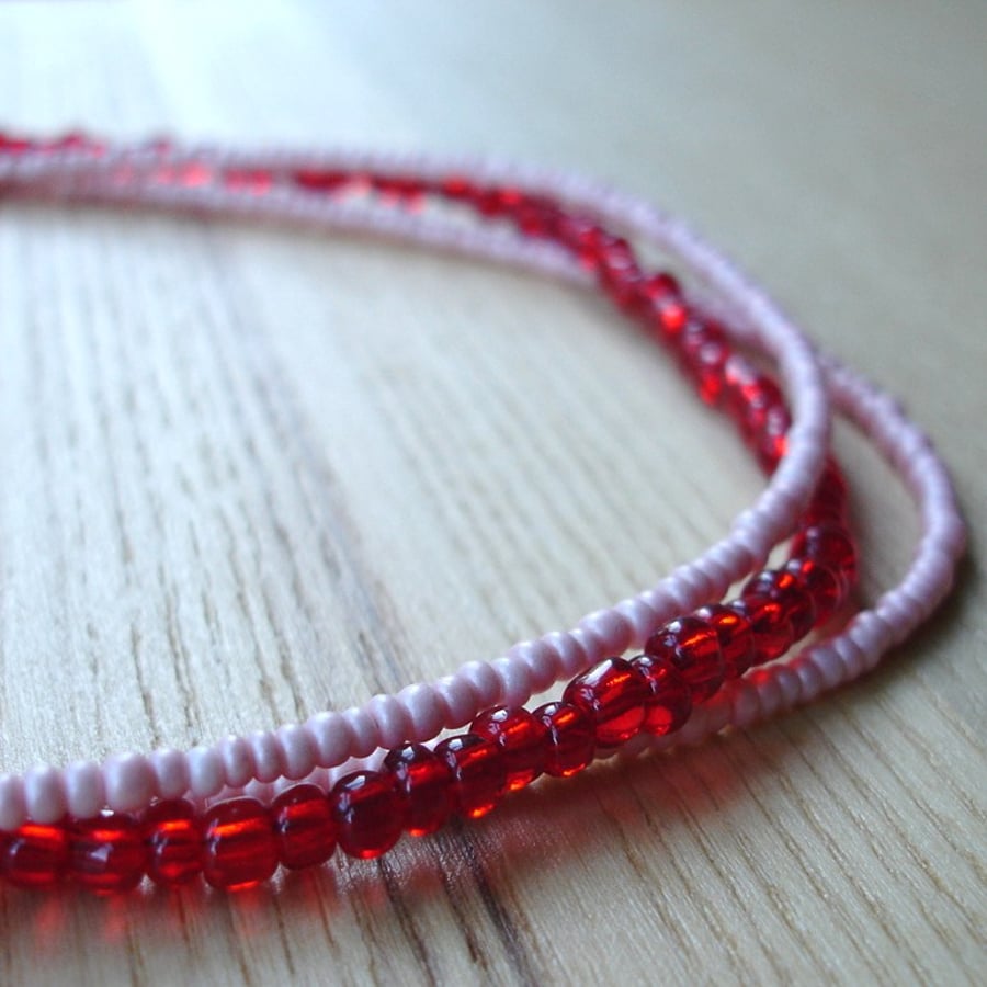 Pink and Red Seed Bead Necklace