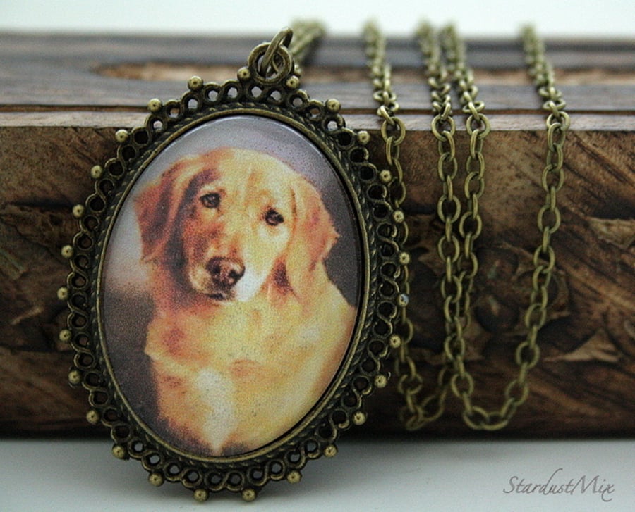 Necklace long chain,retro,vintage "I love my dog Golden retriever" 
