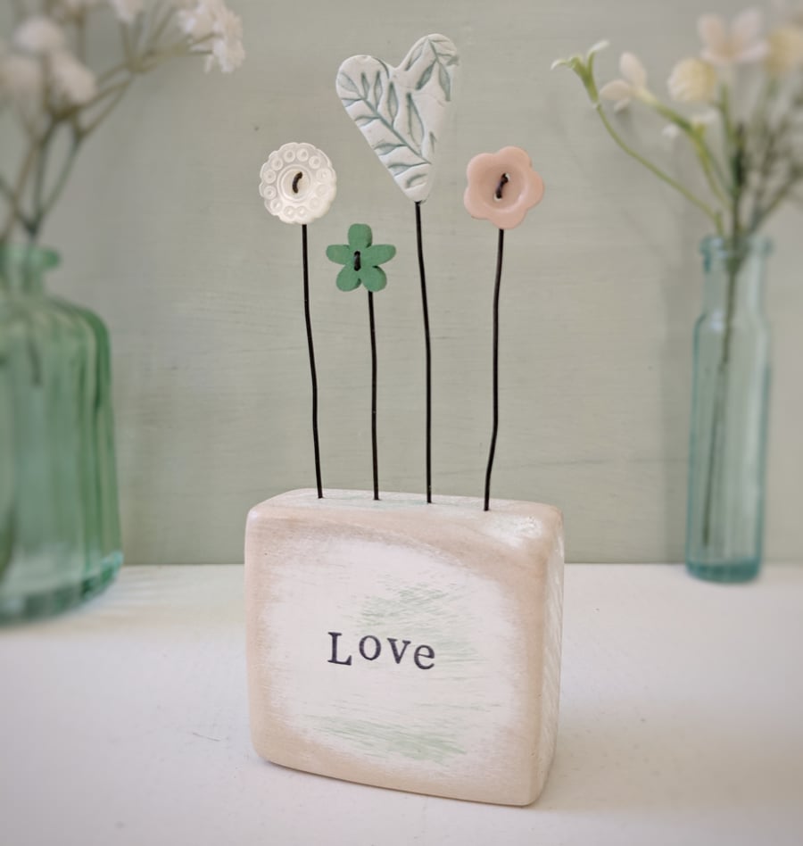 Clay Heart and Button Flowers in a Painted Wood Block 'Love'