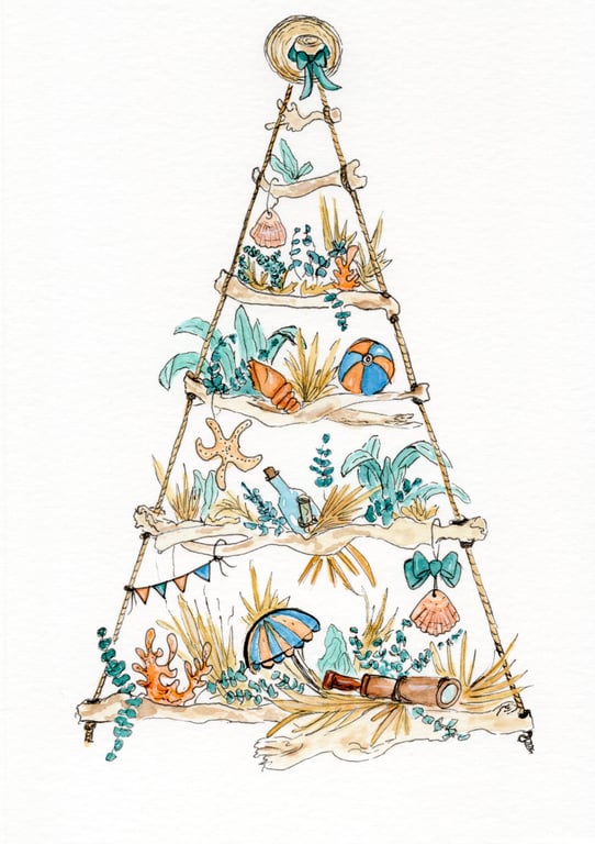 Beach Christmas Tree Card – Coastal Christmas Tree with Seashells & Sunhat