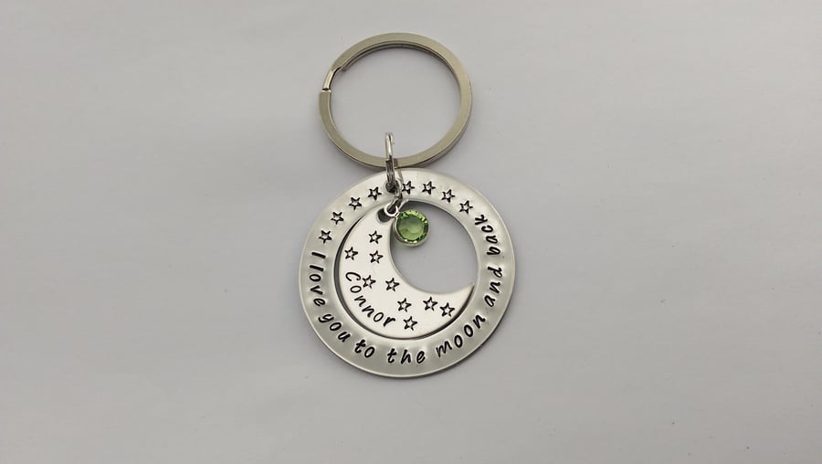 I love you to the moon and back hand stamped personalised keyring