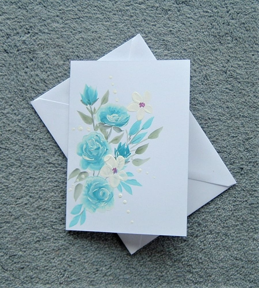 hand painted floral roses all occasion blank greetings card ( ref F 97 )