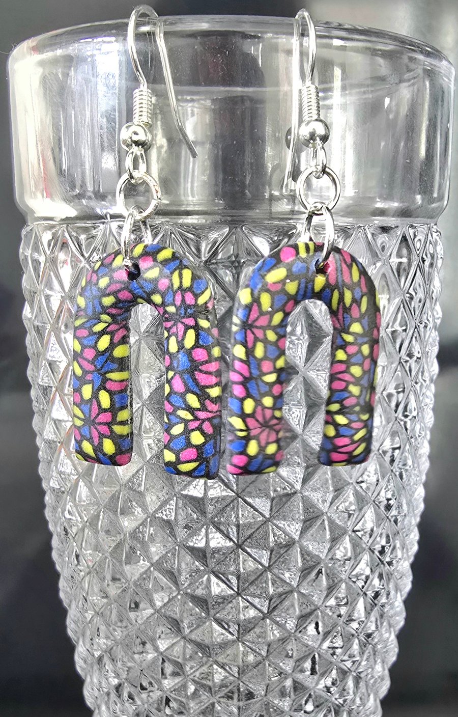 Polymer clay stained glass inspired horseshoe earrings on silver plated earhooks
