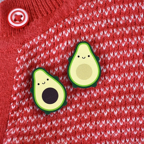 Avocado Kawaii Wooden Pins or Brooches - Set of 2 For Best Friends