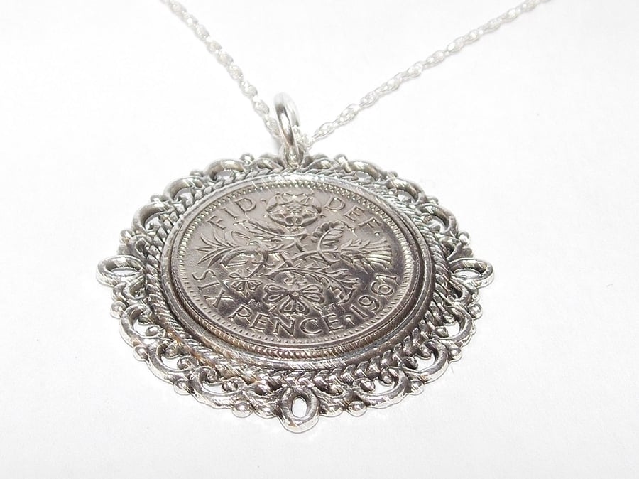 Fancy Pendant 1961 Lucky sixpence 60th Birthday plus a Sterling Silver 18in Chai