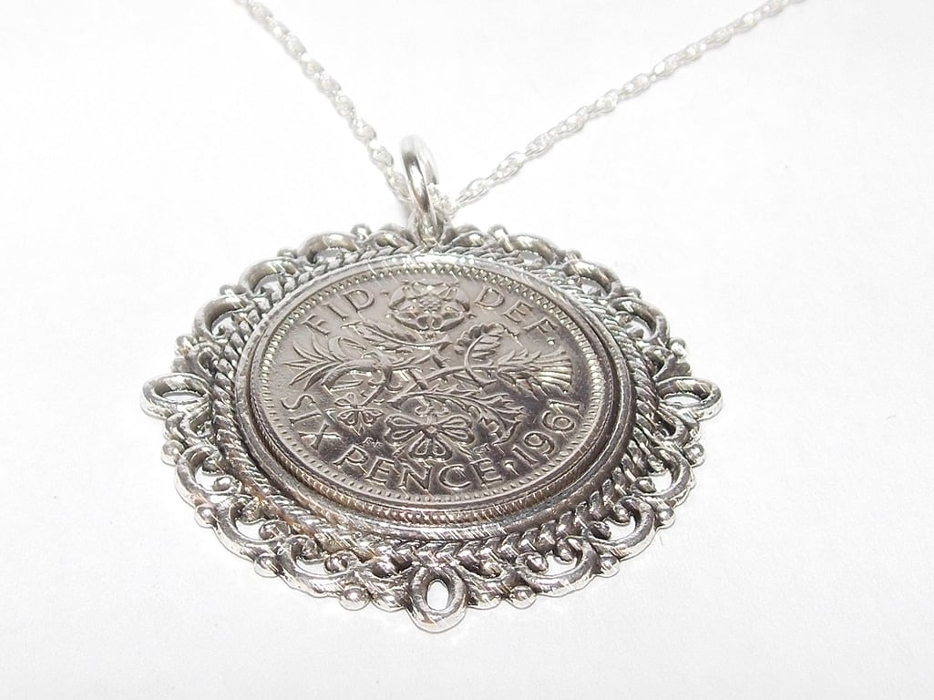 Fancy Pendant 1961 Lucky sixpence 65th Birthday plus a Sterling Silver 18in Chai