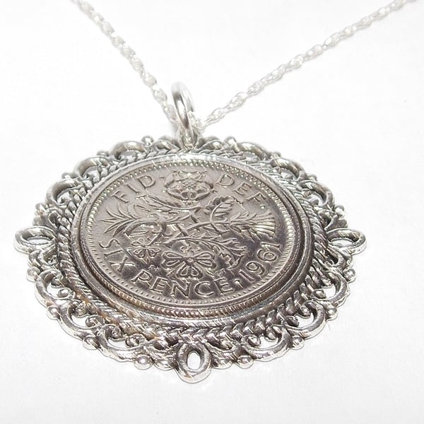 Fancy Pendant 1961 Lucky sixpence 60th Birthday plus a Sterling Silver 18in Chai