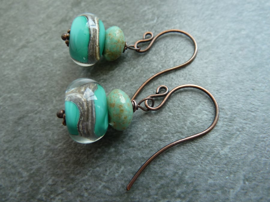 copper, green lampwork glass earrings