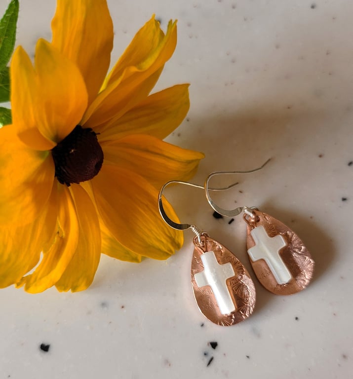 Copper teardrop earrings with Mother of Pearl crosses