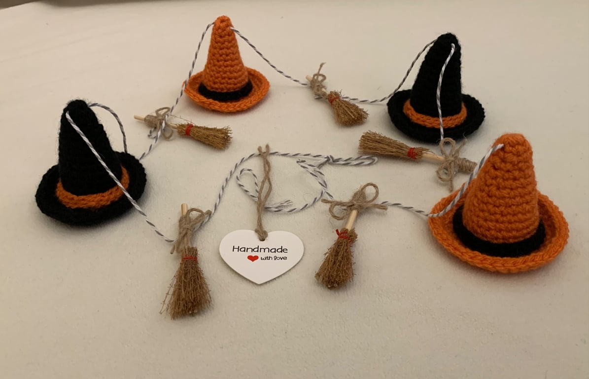 Handmade crochet Witches hat and broomstick bunting 