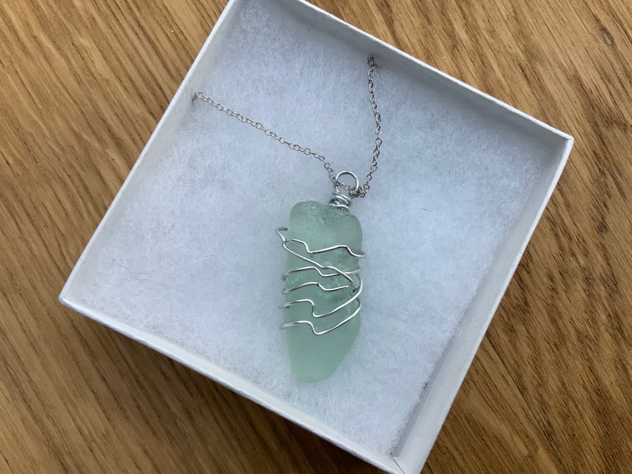 Necklace. Sea Glass. Sterling silver. 18 chain. Pale green. Jewellery. Coastal. 