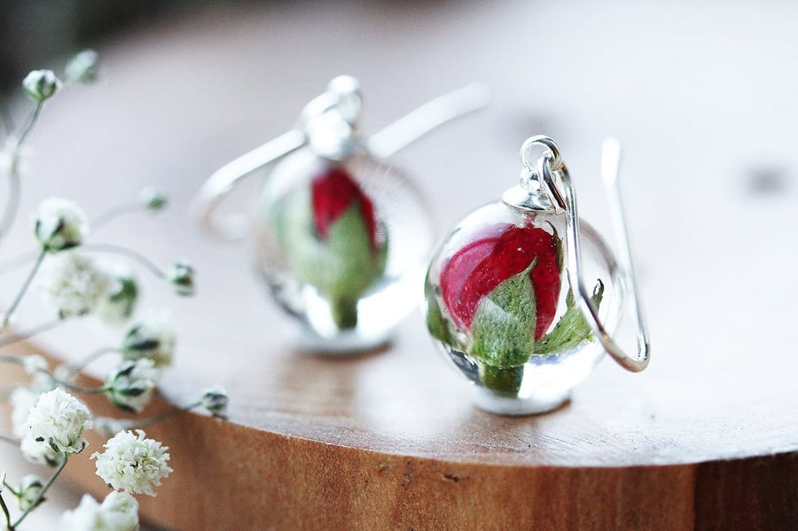 Rose Bud Earrings Tiny Rose Globes Real Flower Earrings Red Roses Pressed Flower
