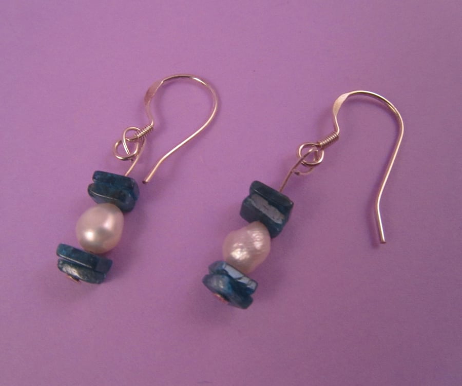 Blue Neon Apatite and White Pearl Drop Sterling Silver Earrings
