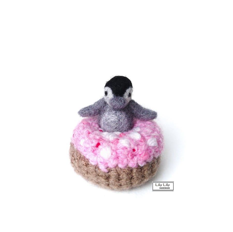 Sidney, Baby Penguin with doughnut, collectable, handmade by Lily Lily Handmade
