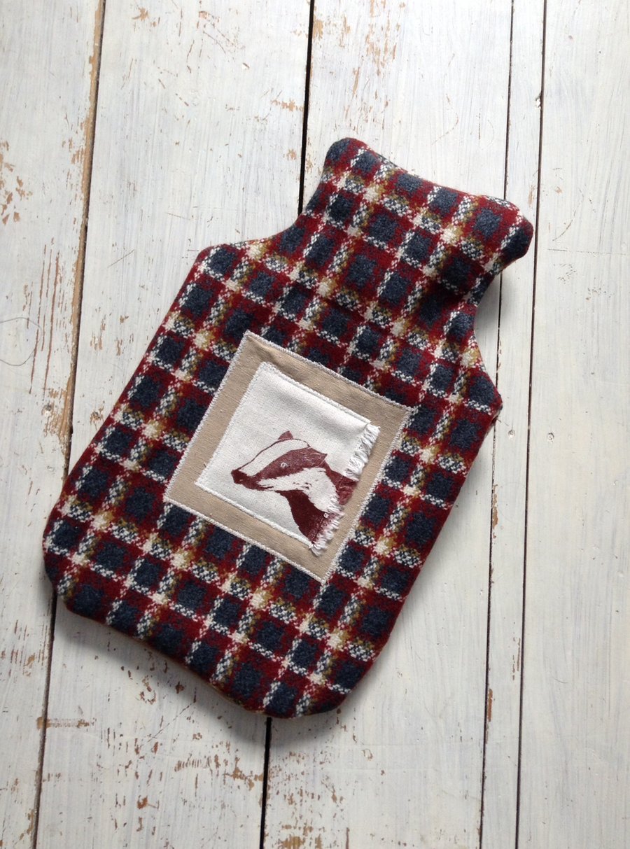 Hand Printed Badger Hot water Bottle Cover