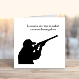 Shooter taking aim - personalised greetings card for a hunter or shooter