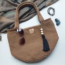 Crochet Cotton Beach Handbag Totebag In Caramel Brown