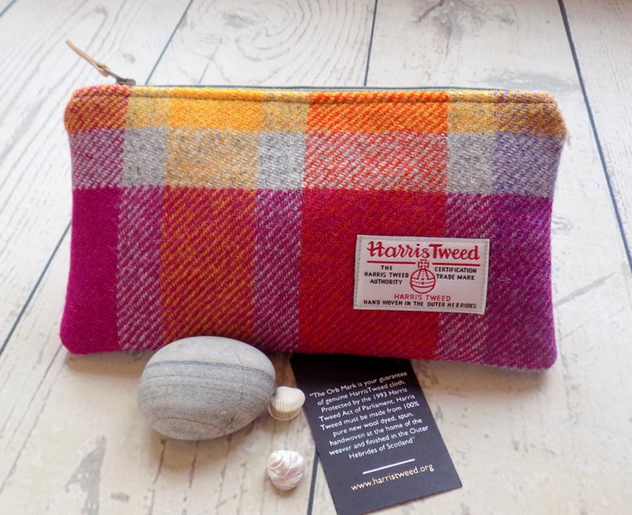 Harris Tweed clutch purse, pencil case in multicoloured check