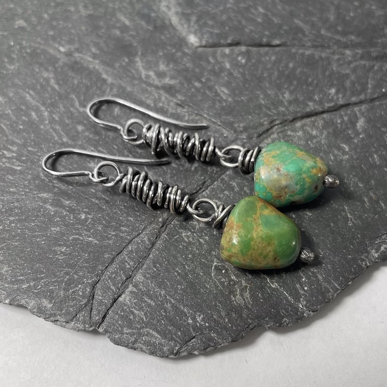 Sterling silver and turquoise bead long scribble earrings