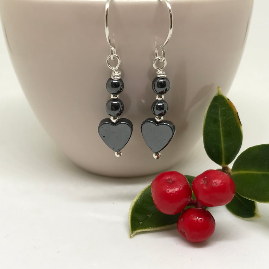 Hematite Heart Earrings, Sterling Silver, Gift For Her