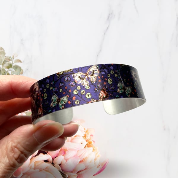 SALE purple butterfly bangle, floral metal cuff bracelet. Perfectly imperfect