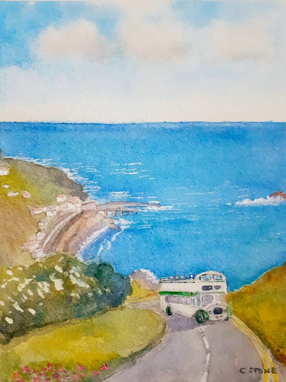 Vintage open top bus  Sennen Cove, Cornwall original watercolour painting