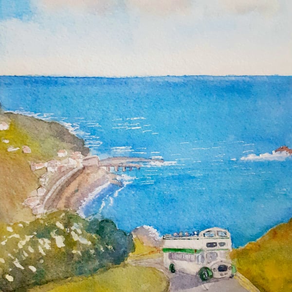 Original watercolour, vintage open top bus ascends from Sennen Cove, Cornwall
