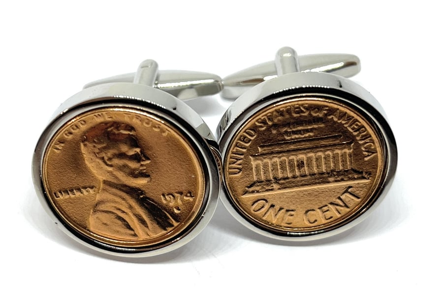 1974 50th Birthday Anniversary 1 cent lincoln coin cufflinks - One cent cufflink