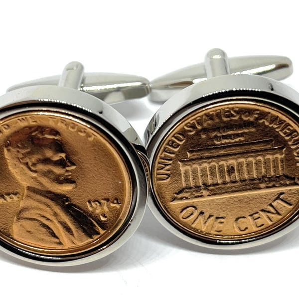 1974 50th Birthday Anniversary 1 cent lincoln coin cufflinks - One cent cufflink