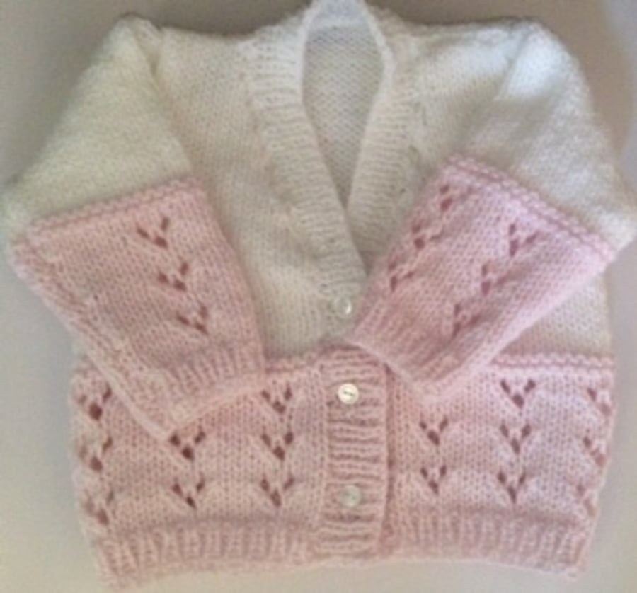 Girls newborn cardigan, 0-3 m, Pink & White Cardigan, hand knitted cardigan.