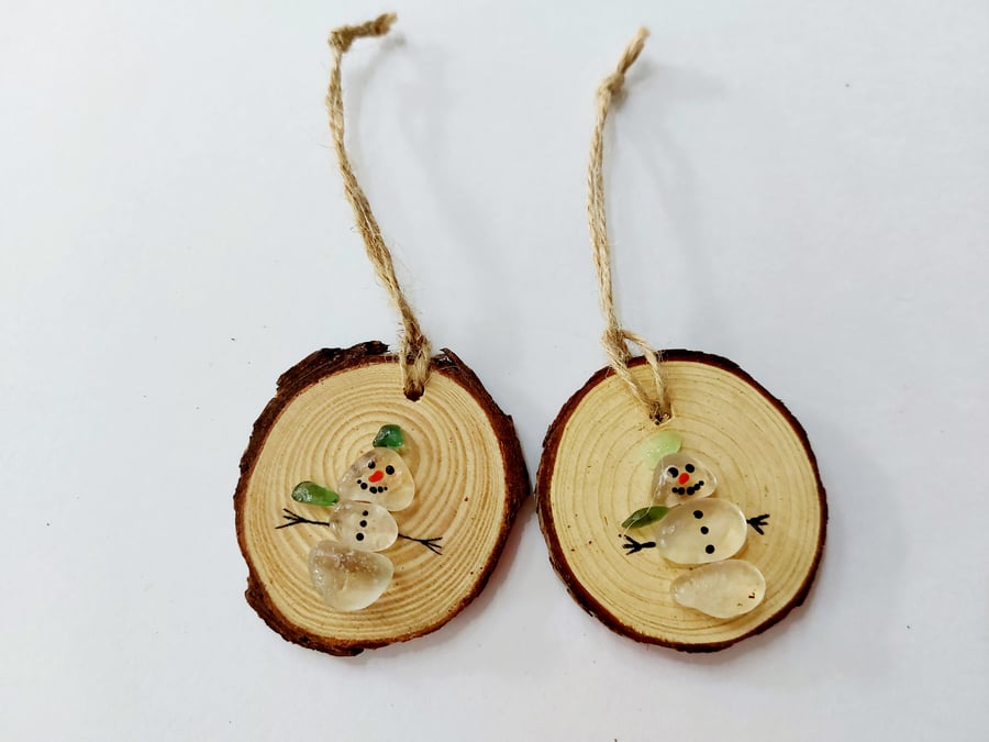 SALE - Sold in Pairs - Rustic, Wood Slice, Sea Glass, Snowman Decoration