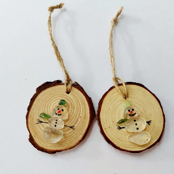 SALE - Sold in Pairs - Rustic, Wood Slice, Sea Glass, Snowman Decoration