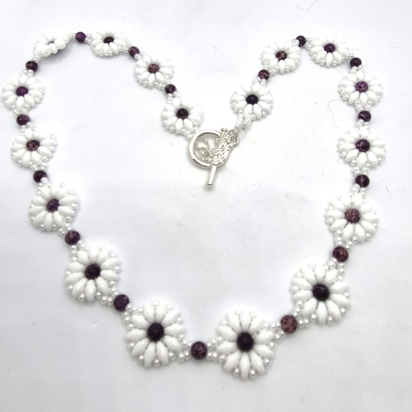 Daisy collection seed bead necklace with Lepidolite beads