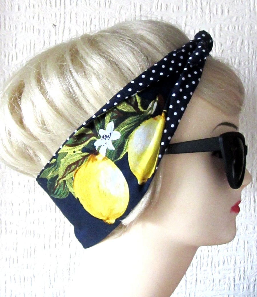 Lemon Print Navy Polka Dot Hair Tie Rockabilly Head Scarf by Dolly Cool Rockabil