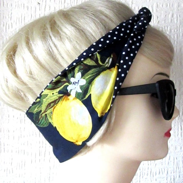 Lemon Print Navy Polka Dot Hair Tie Rockabilly Head Scarf by Dolly Cool Rockabil