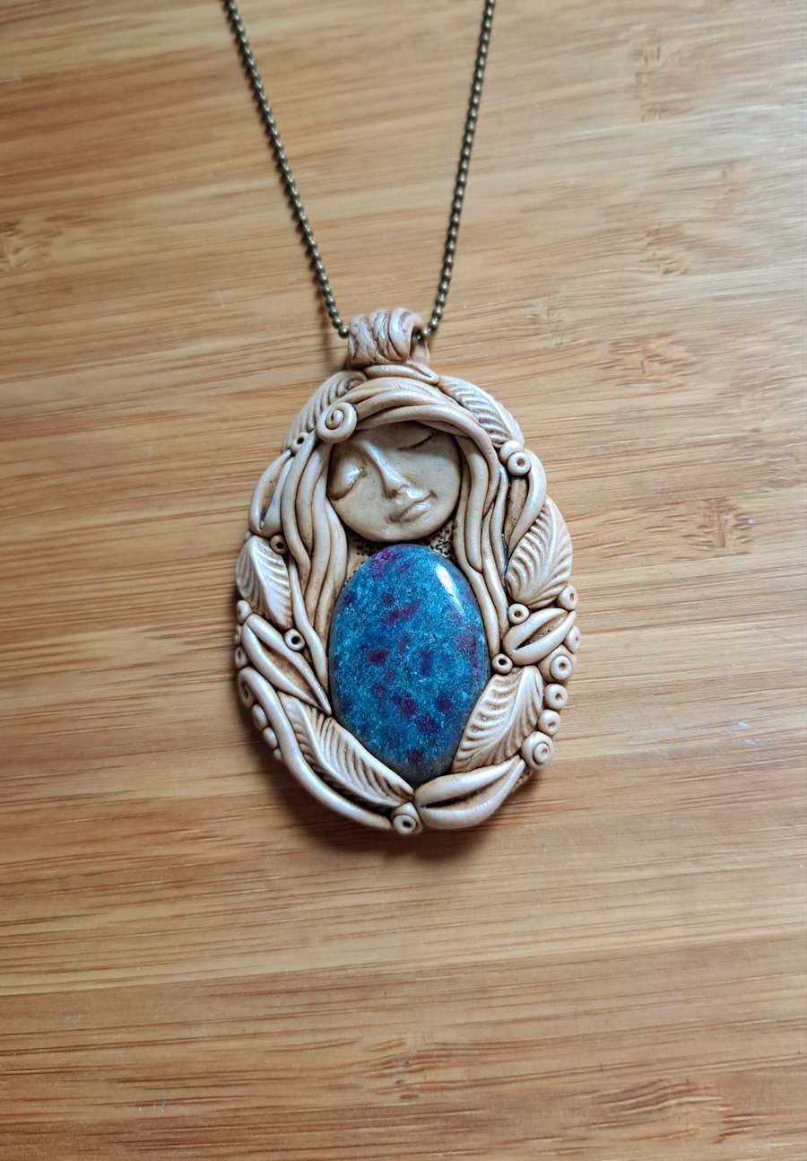 Ruby Kyanite and Polymer Clay Goddess Amulet Pendant 