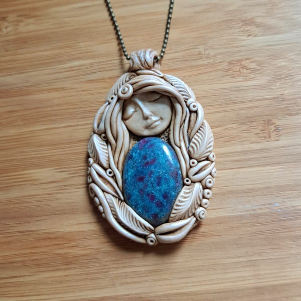 Ruby Kyanite and Polymer Clay Goddess Amulet Pendant 